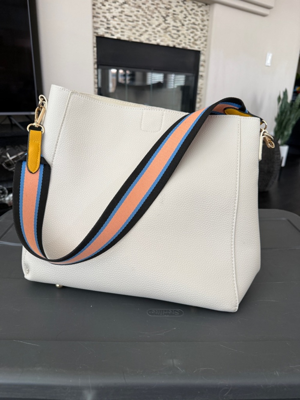 Sondra Roberts Cream Tote with Striped Blue and Peach Shoulder Strap